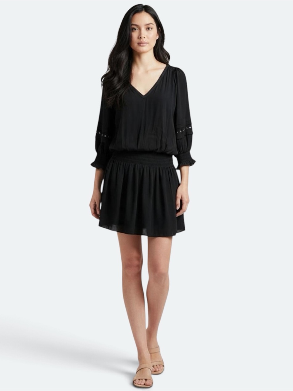 Ramy Brook Black V-Neck Smocked Waist Mini Dress, Size S, MSRP $465